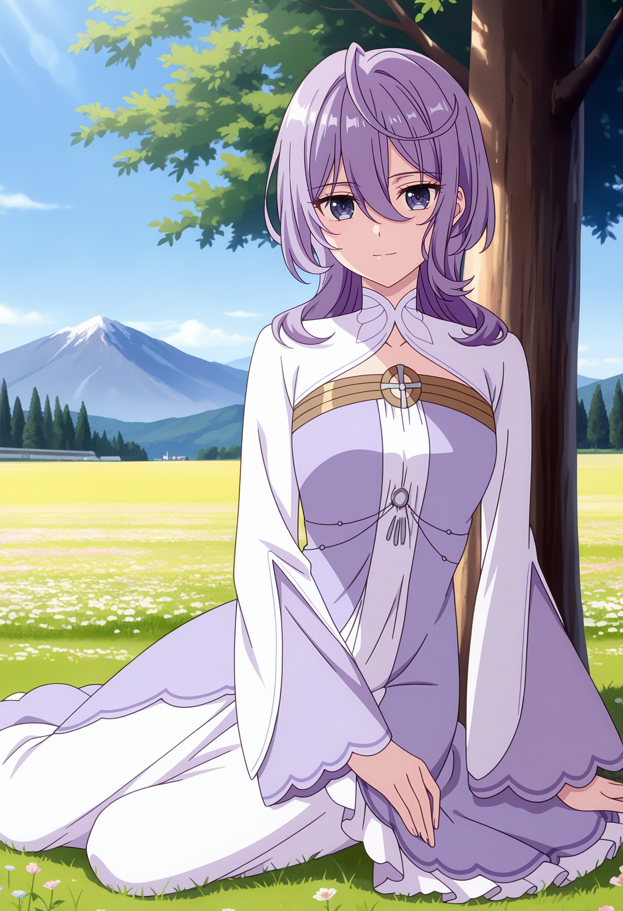 anime screencap, masterpiece, best quality,
<lora:Kanpekiseijo_PhiliaAdenauer_IlluXL:0.9>,
1girl, solo, light smile, closed mouth,
hair between eyes, long hair, purple hair, purple eyes,
frilled dress, multicolored dress, white dress, purple dress, clothing cutout, long sleeves, wide sleeves,
yokozuwari, looking at viewer,
outdoors, scenery, tree, mountainous horizon, grass, flower field, blue sky, photo background, blurry background
