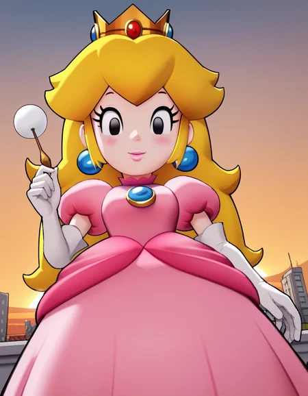 score_9, score_8_up, score_7_up, source_anime, <lora:princess-peach-brothership-ponyxl-lora-nochekaiser:1>, princess peach, blonde hair, black eyes, long hair,, crown, dress, gem, gloves, pink dress, puffy short sleeves, puffy sleeves, short sleeves, white gloves,, rooftop, sunset, cityscape, quiet moment, wind blowing, contemplative, , <lora:lap-pov-ponyxl-lora-nochekaiser:1>, lap pov, lap pillow, from below, ceiling, looking down, pov, blush, smile,, looking at viewer, solo,, dutch angle, cowboy shot