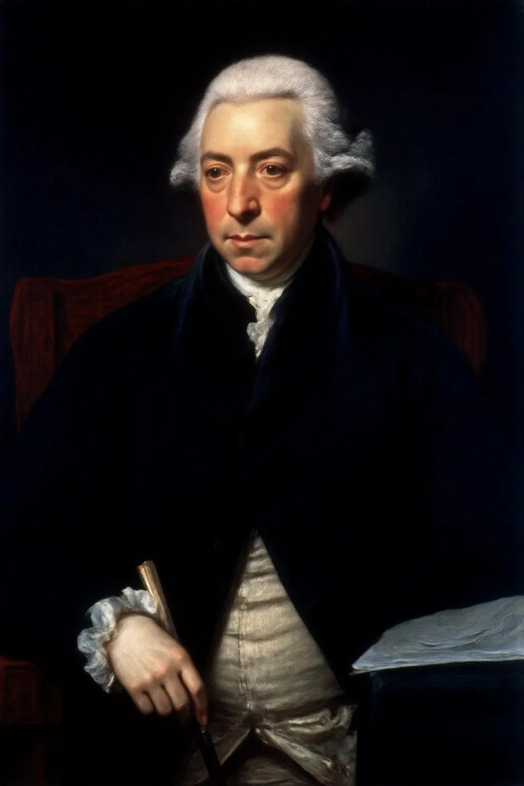 jore1 painting.
A middle-aged man from the 18th century. He has a pale, oval face with a slightly pointed chin and a stern expression. His hair is powdered white, styled in the fashion of the period, with a high, powdered queue tied at the nape of his neck and a small, white wig on top. He has a pair of spectacles perched on his nose, giving him a scholarly or contemplative appearance. He is dressed in 18th-century attire: a dark, richly textured black coat with a high collar, a white, intricately embroidered waistcoat, and a white shirt with ruffled sleeves.
<lora:jore1_cap_d6a3e12:1.0><lora:818387124974830936:0>