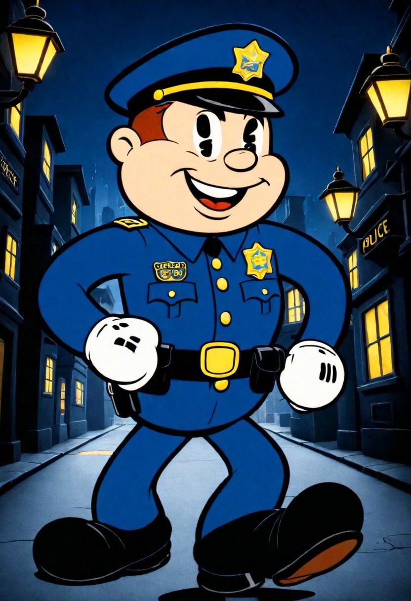 (rubber_hose_character:1.1) <lora:RubberHose_Characters_SDXL_v1:1.3>, cartoon, a police officer walking down a dark city street.