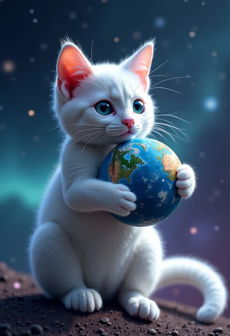 Masterpiece, 4k, 8k, concept art, high quality, highly detailed, a photorealistic white cat on its back, holding a tiny planet earth as if it were a toy ball, highly detailed eyes, cosmos background, stars, nebulae, fantastic lighting, nebulae in background, aurora borealis lights,