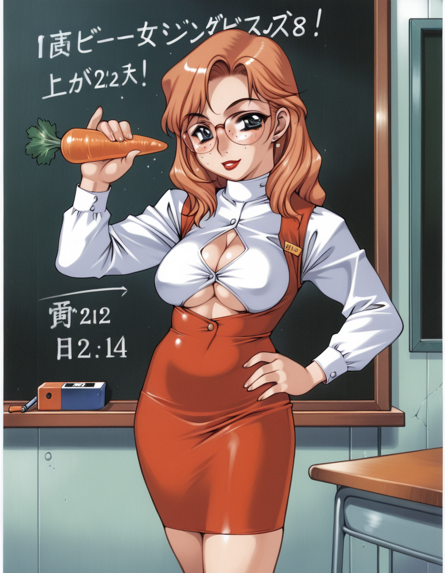 <lora:Nishi_Iori_Illustrious:1>nistyle
teacher, glasses, cleavage, underboob cutout, skirt, freckles, lipstick, classroom, blackboard, holding carrot, thin carrot