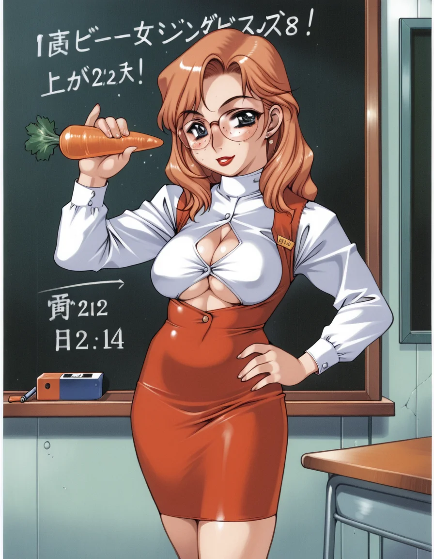 <lora:Nishi_Iori_Illustrious:1>nistyle
teacher, glasses, cleavage, underboob cutout, skirt, freckles, lipstick, classroom, blackboard, holding carrot, thin carrot