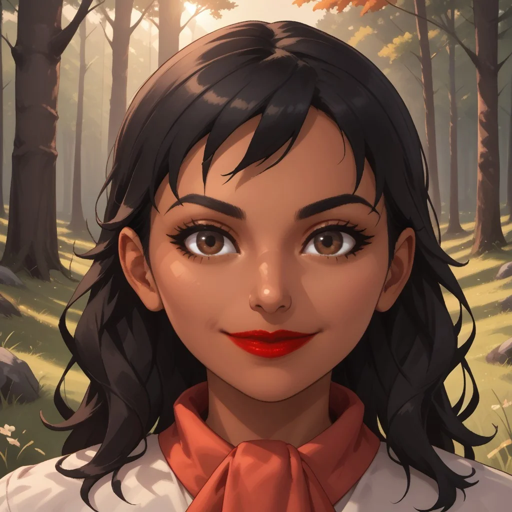 score_9, score_8, BREAK, solo, Cristina_WSC, black hair, brown eyes, dark skin, red lips, dark skin female, sexy pose, self portrait, smile, outdoors, sunlight, shadows, evening lighting, natural lighting, forest, trees, grass, orange sky, sunset