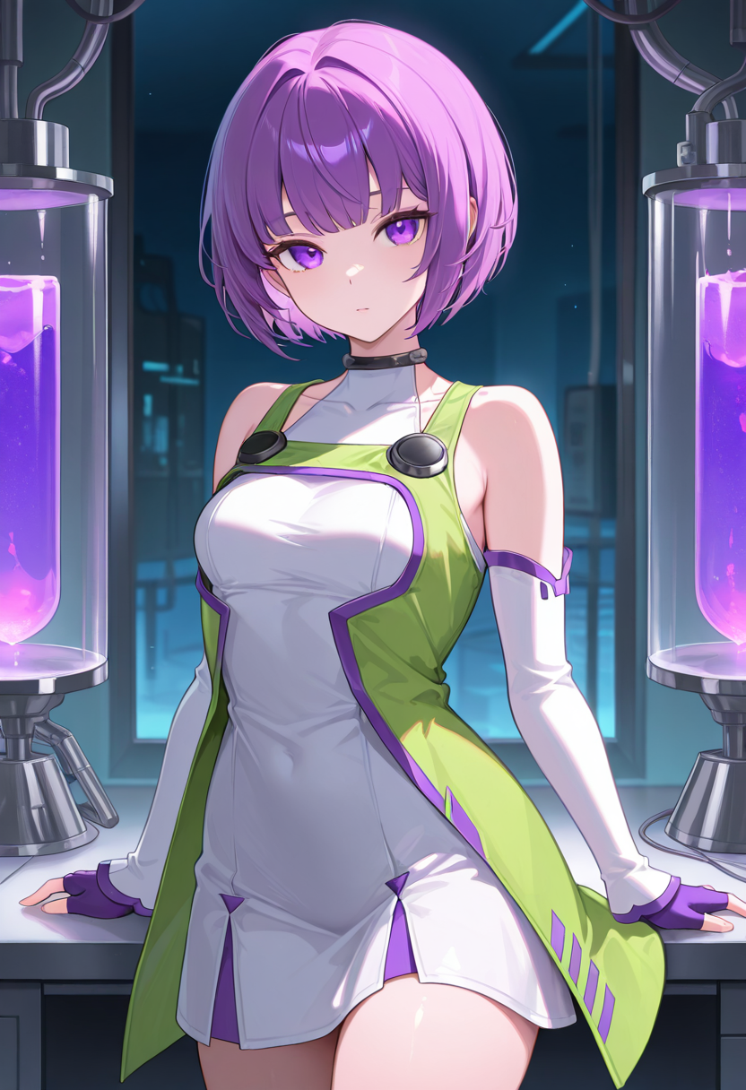 1girl,solo,<lora:espoiril:0.9>,espoir,purple eyes,purple hair,short hair,bare shoulders,white dress,white detached sleeves,fingerless gloves,looking_at_viewer,cowboy_shot,night,laboratory,incredibly absurdres,masterpiece,best quality,good quality,newest,green jacket,