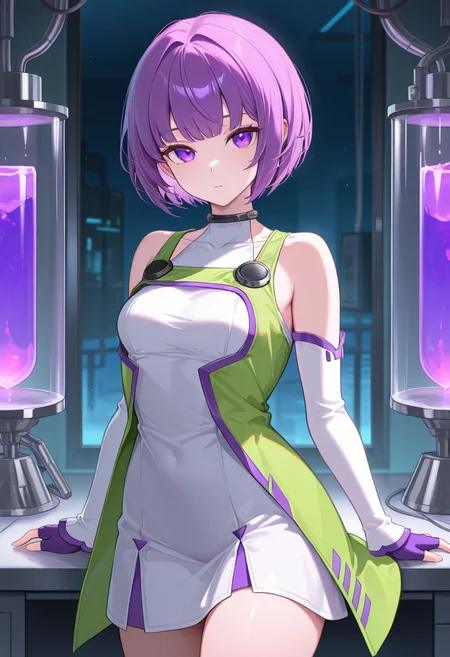 1girl,solo,<lora:espoiril:0.9>,espoir,purple eyes,purple hair,short hair,bare shoulders,white dress,white detached sleeves,fingerless gloves,looking_at_viewer,cowboy_shot,night,laboratory,incredibly absurdres,masterpiece,best quality,good quality,newest,green jacket,