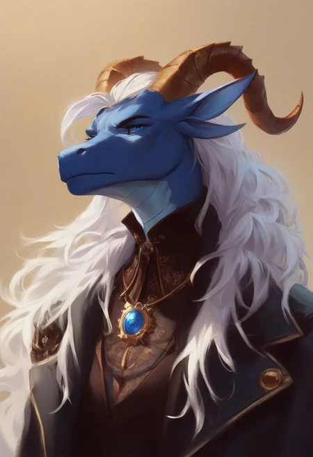 (score_9, score_8_up, score_7_up), 1 female, anthro, furry, blue eyes, dragon, fluffy hair, tall, blue scales, serious, woods, solo, upper body, jewelry on horns, white long hair, fit, adult face, wizard, soft, relaxed, epic ram horns, steampunk outfit, fantasy black leather coat, under the coat black formal shirt with ruffles