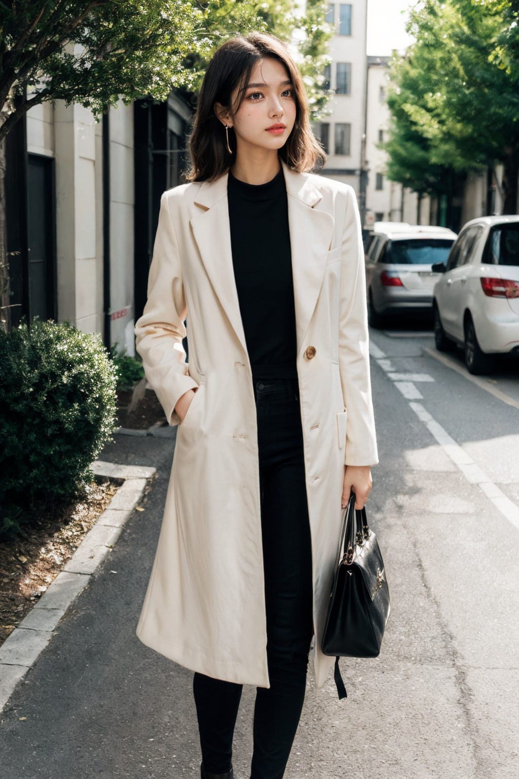 Graceful Waterways: A forest landscape with winding streams or rivers meandering through the trees. The gentle flow of water adds a sense of serenity and movement to the composition.,cowboy shot, solo focus,
Navy Military-Style Wool Coat:A dark navy coat with a military-inspired design, featuring gold buttons, a high collar, and a cinched waist with a matching belt, Made from thick wool, it offers warmth while maintaining an elegant, structured look, Perfect for those seeking a chic yet practical winter option,
 <lora:Waisted Woolen Coat_V1:0.7> waisted woolen coat,
(8k,RAW photo,best quality,masterpiece,realistic:1.3)
1girl,(18 years old:1.5),teen,bishoujo,fair_skin,
baby face,extremely beautiful face,big eyes,pink blush,small mouth,cute smile,
(short neck:1.5),Perky breasts,slim waist,flat belly,
<lora:add_detail:0.7>, 
Pixie Hairstyle: An extremely short hairstyle, usually above the ears, neatly trimmed to emphasize the contours of the head,
Fruit Hair Clip: Cute fruit-shaped hair clips, such as strawberries, cherries, etc,, showcasing a lively and adorable teenage style,
Jelly Candy Earrings: These earrings resemble jelly candies, with colorful designs and transparent elements, exuding sweetness and joy,
Starry Pendant Necklace: A slender chain adorned with a small starry pendant, exuding a romantic and dreamy atmosphere,