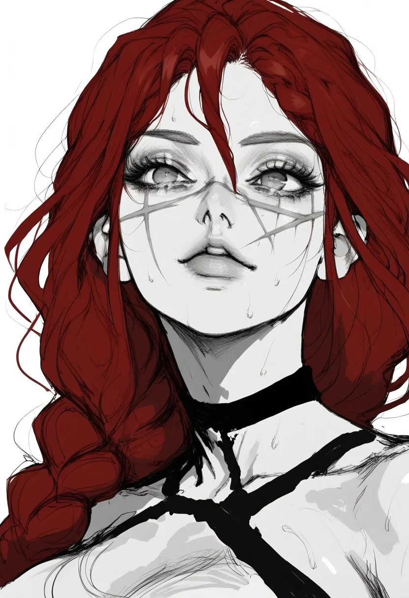 score_9, score_8_up, score_7_up, extremely detailed, sharp focus, HD, cute face, 1girl, face scars, sketch, red hair, solo, thick body, breasts, very soft breasts, skindentation, Straight Hair, Highlights in hair, Long Hair, half braided hair, inside, black choker, seductive, alluring, sports bra, erect nipples, sweating, very sweaty, Front View, abs, portrait, face focus,