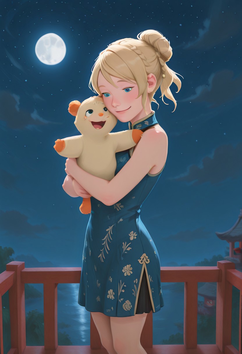 embedding:IllusP0s, g00se, from front, Lunafreya Nox Fleuret, blonde hair, hair up, braid, asymmetrical bangs, china dress, skirt, blue eyes, hugging milachuv2, hug, milachuv2, 1girl, solo, loving, smile,
BREAK,
night time, moon background, starry sky, blue sky,<lora:g00se_v2_ill.safetensors:1.0:1.0> <lora:Lunafreya_Nox_Fleuret_ill.safetensors:1:1>