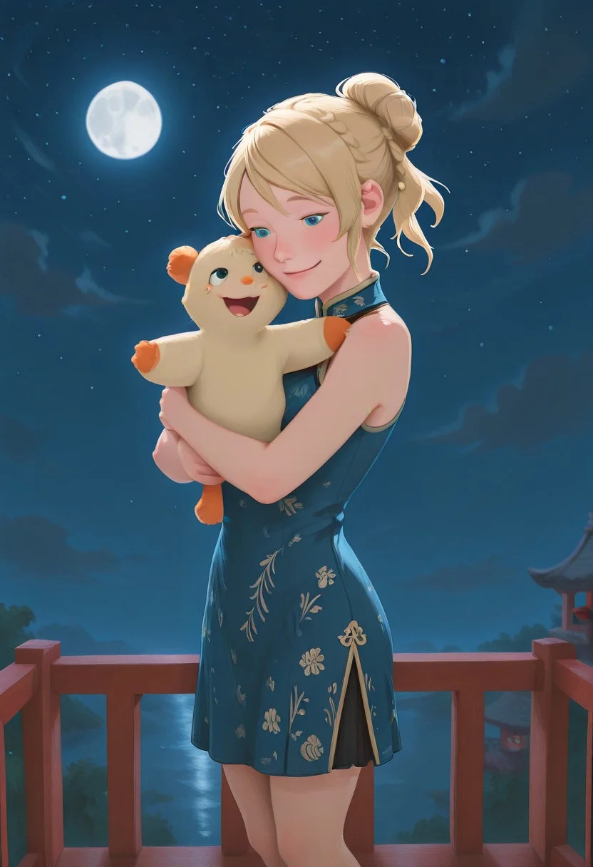 embedding:IllusP0s, g00se, from front, Lunafreya Nox Fleuret, blonde hair, hair up, braid, asymmetrical bangs, china dress, skirt, blue eyes, hugging milachuv2, hug, milachuv2, 1girl, solo, loving, smile,
BREAK,
night time, moon background, starry sky, blue sky,<lora:g00se_v2_ill.safetensors:1.0:1.0> <lora:Lunafreya_Nox_Fleuret_ill.safetensors:1:1>