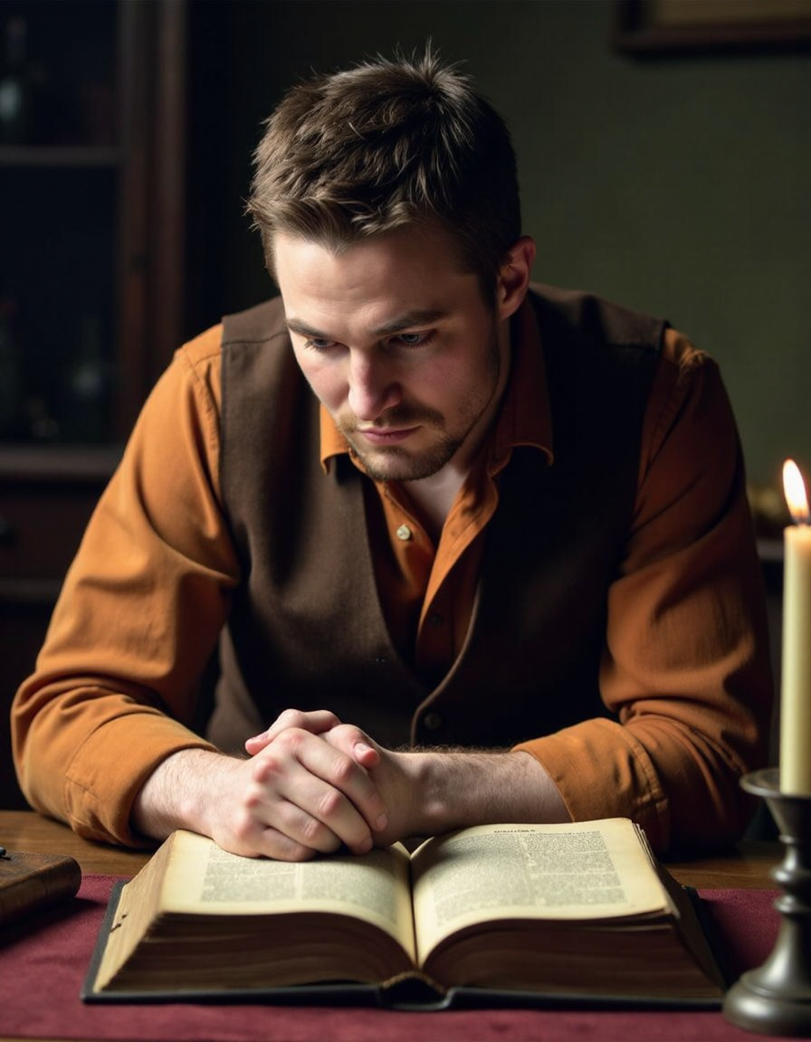 <lora:stephenamell:1>high quality photography a stephenamell bent over an old grimoire. he is dressed in a terracotta shirt and a brown vest. on the table with the grimoire there is a candlestick with a burning candle. gloomy atmosphere