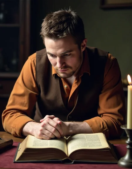 <lora:stephenamell:1>high quality photography a stephenamell bent over an old grimoire. he is dressed in a terracotta shirt and a brown vest. on the table with the grimoire there is a candlestick with a burning candle. gloomy atmosphere