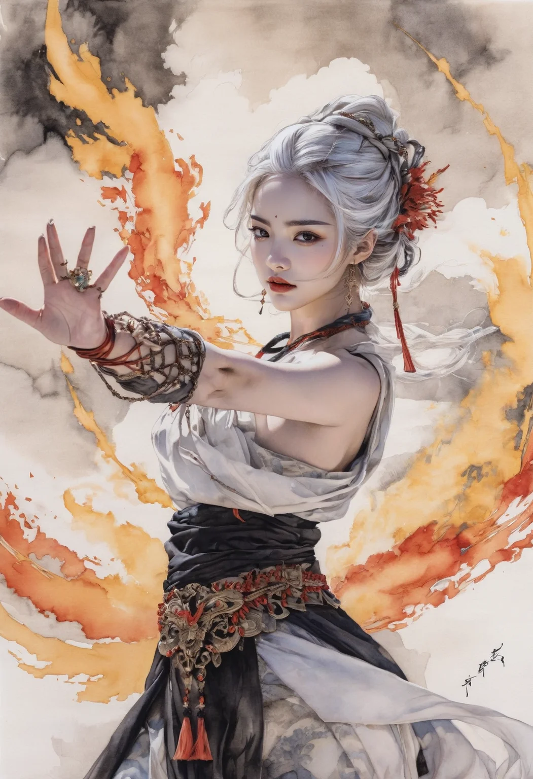 The Bride with White Hair comic Japanese Ink Drawing, A young female in very sexy Hanfu, xianxia fantasy,her red Songmo headdress fluttering in the wind. She wields the fire with one hand, beautiful eyes,her fireplay agile and powerful, as if ready to leap into the air at any moment.
Action: Each of her fire dance movements is filled with passion and strength, her hair flying wildly with the vigorous motions, like flames dancing in the air.
Background: The background is simplified, sketched with light ink strokes, highlighting the fluidity and power of the character's movements.
Style Features: Utilizes shades of ink and precise strokes to capture the elegance of the clothing and the dynamism of the fire dance, aiming to present an artistic effect that combines motion and stillness., ink drawing, inkwash, Japanese Ink Drawing. graphic illustration, comic art, graphic novel art, vibrant, highly detailed. Forbidden love, transformation, iconic snowy landscapes, sect rivalries, tragedy, cinematic, highly detailed, sharp focus, great composition, dynamic dramatic color, elegant