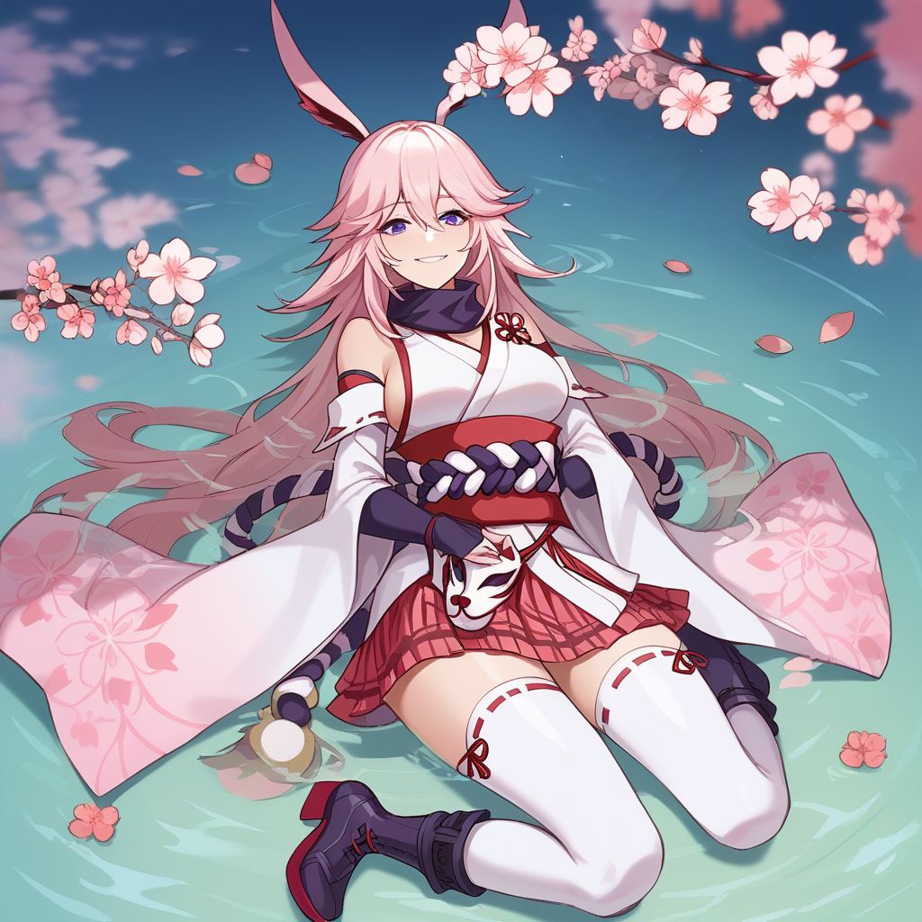 score_9, score_8_up, score_7_up,Captivating Eye Reflections,beautiful detailed eyes,lower eyelid,beautiful detailed face,BREAK ,source_anime,Yae Sakura,large breasts,pink hair,long hair,fox ears,purple eyes,miko,1fox mask on the waist,reddish brown and white sacred rope on the waist,white japanese clothes,bare shoulders,reddish brown scarf,short skirt,pink plaid skirt,white kneehighs,2katanas,boots,smile,Japanese style architecture,