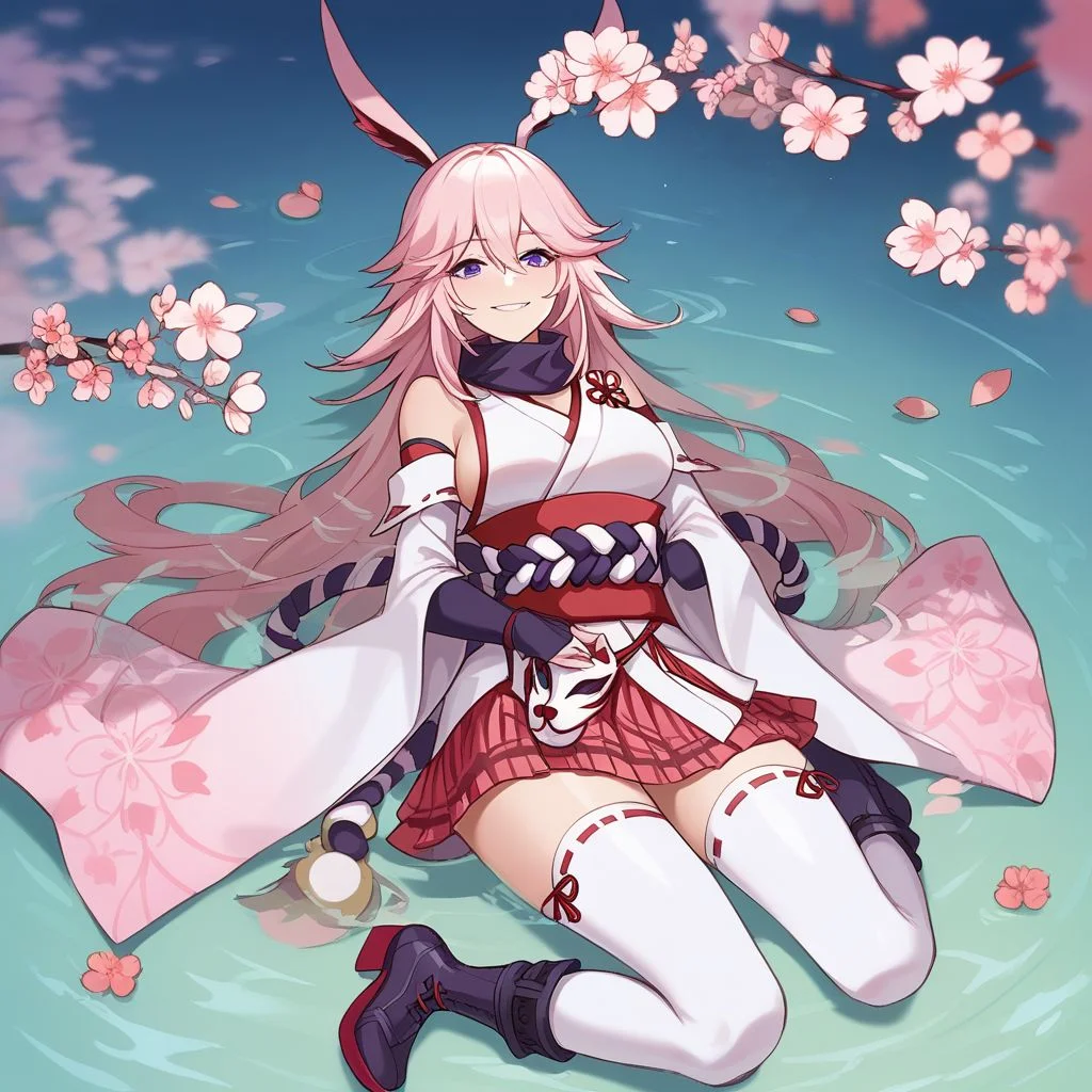 score_9, score_8_up, score_7_up,Captivating Eye Reflections,beautiful detailed eyes,lower eyelid,beautiful detailed face,BREAK ,source_anime,Yae Sakura,large breasts,pink hair,long hair,fox ears,purple eyes,miko,1fox mask on the waist,reddish brown and white sacred rope on the waist,white japanese clothes,bare shoulders,reddish brown scarf,short skirt,pink plaid skirt,white kneehighs,2katanas,boots,smile,Japanese style architecture,