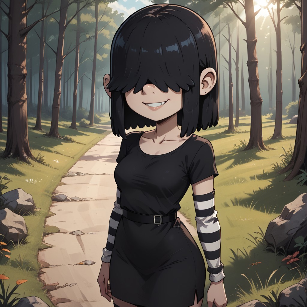 score_9, score_8, BREAK, solo, Lucy Loud, black hair, goth girl, hair over eyes, pale skin, long striped arm sleeves and stockings, black dress worn over a striped shirt, and black shoes, adult female, mature female, breasts, sexy pose, self portrait, smile, outdoors, sunlight, shadows, evening lighting, natural lighting, forest, trees, grass, orange sky, sunset