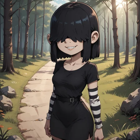 score_9, score_8, BREAK, solo, Lucy Loud, black hair, goth girl, hair over eyes, pale skin, long striped arm sleeves and stockings, black dress worn over a striped shirt, and black shoes, adult female, mature female, breasts, sexy pose, self portrait, smile, outdoors, sunlight, shadows, evening lighting, natural lighting, forest, trees, grass, orange sky, sunset