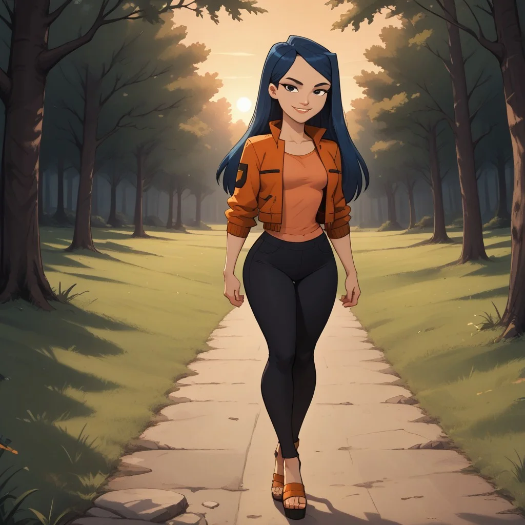 score_9, score_8, BREAK, solo, red jacket, 1girl, orange shirt, leggings, heeled sandals, navy blue hair, black eyes, lips, breasts, total drama, Emma_(Total_Drama), tdtrr, long hair, sexy pose, smile, outdoors, sunlight, shadows, evening lighting, natural lighting, forest, trees, grass, orange sky, sunset