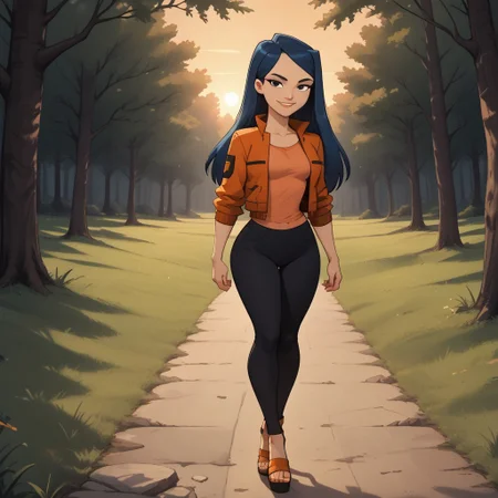 score_9, score_8, BREAK, solo, red jacket, 1girl, orange shirt, leggings, heeled sandals, navy blue hair, black eyes, lips, breasts, total drama, Emma_(Total_Drama), tdtrr, long hair, sexy pose, smile, outdoors, sunlight, shadows, evening lighting, natural lighting, forest, trees, grass, orange sky, sunset