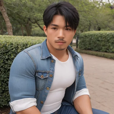 a man using denim jacket, white shirt, and jeans sitting on park, asian man, torithor (1boy, bara, short hair, black hair, brown eyes, facial hair), upper body, perfection style, perfection, perfect