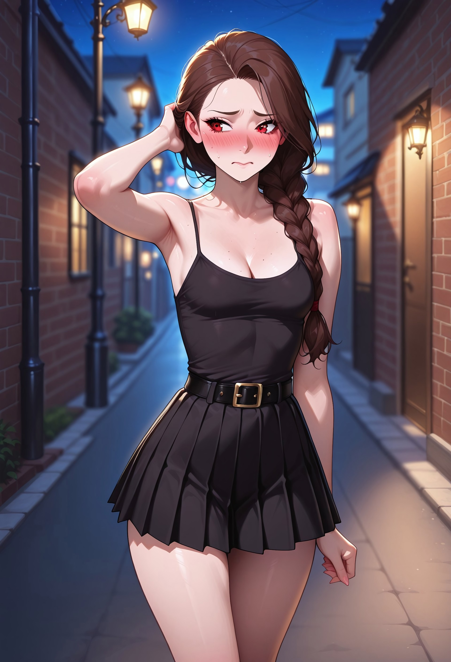 masterpiece, high_quality, highres, gradient, ultra-realistic, 32k, best quality, highly detailed, anime_source, lineless:1.2
BREAK
(1girl), 19 yo, vampire supermodel, Anna_Rice, long braid, perfect hairstyle, brown hair, red eyes, (medium small breasts, natural saggy breasts), (perfect medium ass), (black camisole shirt, cleavage, black pleated skirt, black belt), (slim curvy body), slim legs, ((shy, blushing, embarrassed)), solo
BREAK
(Late night, darkness), dark halley, streets, streets lights, detailed,  blurred background, dynamic pose, ((dark)), brick wall