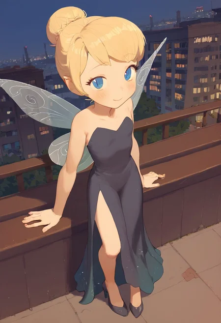 score_9, score_8_up, score_7_up, score_6_up, vivid, vivid colors, colorful, eye catching, rating_explicit, BREAK, cute girl, (adorable girlfriend) (sister), (flat chest), (long legs), (wide hips:0.5), hair bun, blue eyes, blonde hair color gradient, high heels, stilettos, high slit dress, black evening gown, sheer tights, outdoors, Manhattan, Greenwich Village, nighttime, at night, date with your beautiful girlfriend, loving, sweet, (smile:0.5), from above, Tinkerbell, Fairy wings