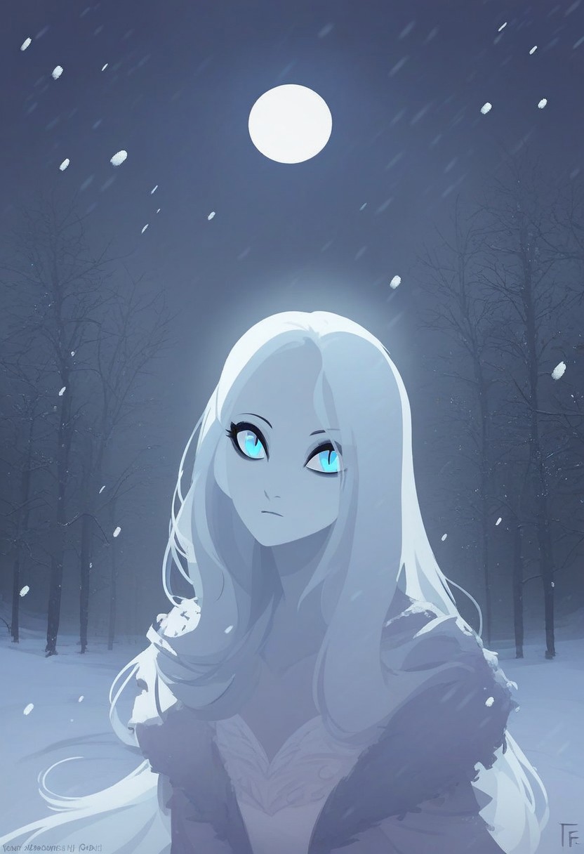 score_9, score_8_up, score_8, 
1girl, solo,
long hair, elegant hair,
cute eyes, eyeliner, striking blue eyes, pale skin
elegant dress, 
snow, outside, visible breath, snowfall,
night, moonlight, moon, dark, darkness,
edgelit, backlit, face in shadow, eye glint,
lineless, vextor art,