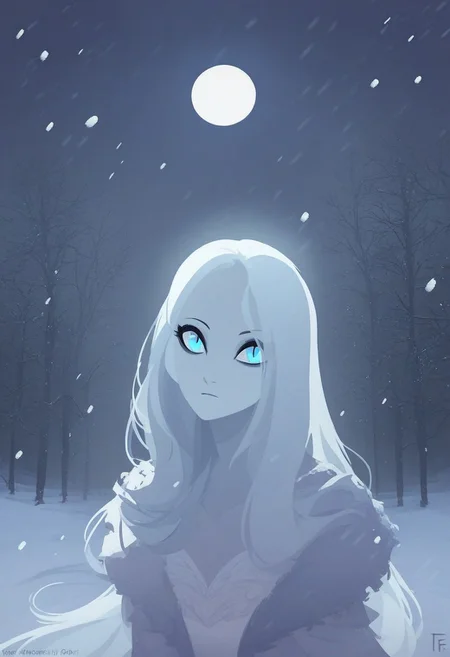 score_9, score_8_up, score_8,
1girl, solo,
long hair, elegant hair,
cute eyes, eyeliner, striking blue eyes, pale skin
elegant dress,
snow, outside, visible breath, snowfall,
night, moonlight, moon, dark, darkness,
edgelit, backlit, face in shadow, eye glint,
lineless, vextor art,