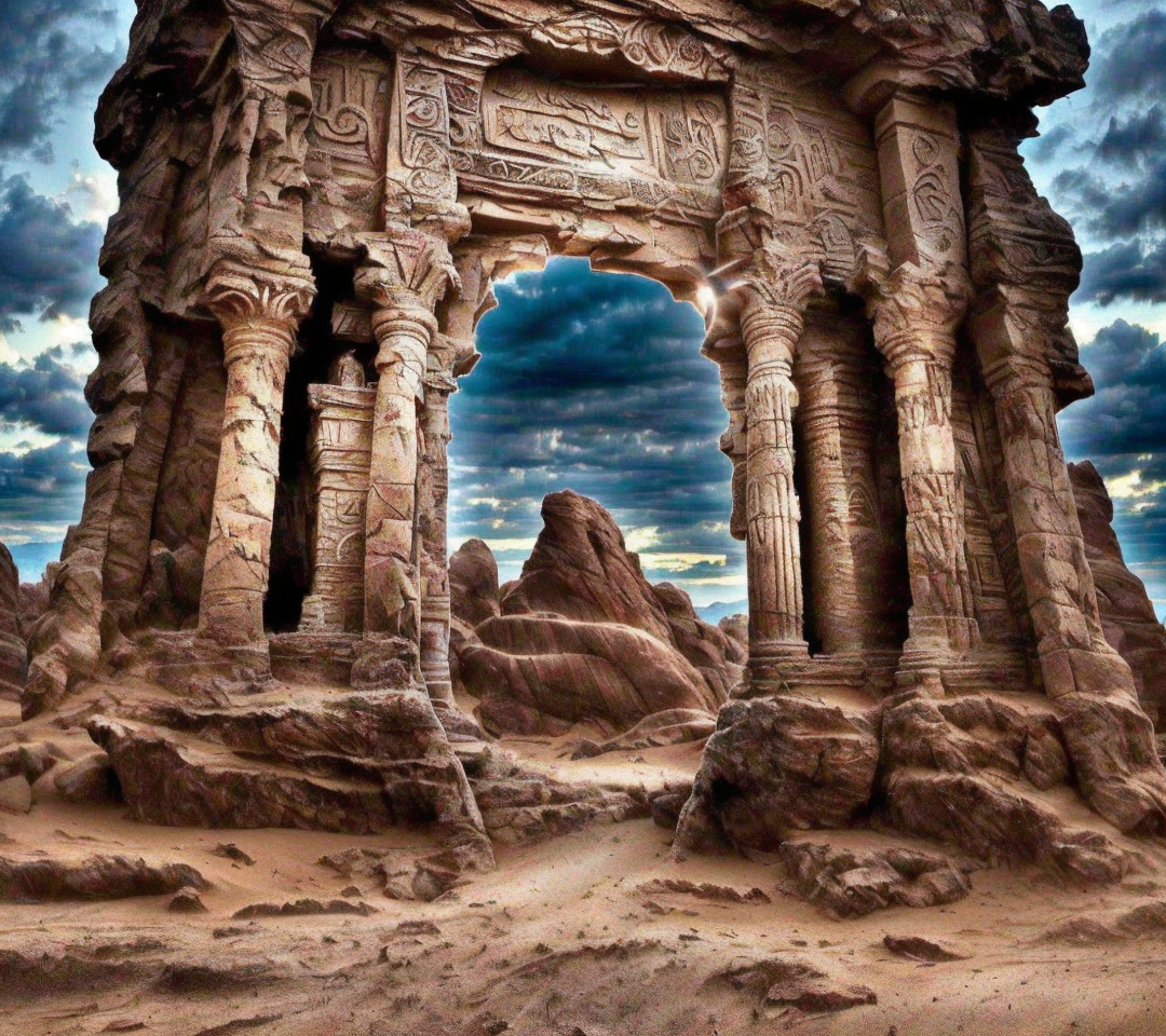 RAW photo, (masterpiece:1.3), subsurface scattering, heavy shadow, (high quality:1.4), (intricate, high detail:1.2), professional photography, HDR, High Dynamic Range, realistic, ultra realistic, photorealistic, high resolution, film photography, ambient lighting, atmospheric effects, <lora:detail_slider_v4:2>, OverallDetail, a stone portal, giant archway, pillars, building, <lora:Portal:0.8>, in a fantasy desert, sand, an oasis in the distance, FanDe, <lora:FantasyDesert-10:1>, epiCPhoto