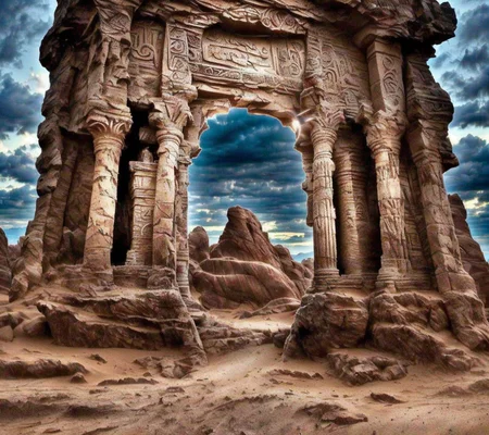RAW photo, (masterpiece:1.3), subsurface scattering, heavy shadow, (high quality:1.4), (intricate, high detail:1.2), professional photography, HDR, High Dynamic Range, realistic, ultra realistic, photorealistic, high resolution, film photography, ambient lighting, atmospheric effects, <lora:detail_slider_v4:2>, OverallDetail, a stone portal, giant archway, pillars, building, <lora:Portal:0.8>, in a fantasy desert, sand, an oasis in the distance, FanDe, <lora:FantasyDesert-10:1>, epiCPhoto