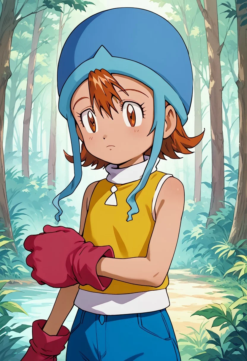 score_9, score_8_up, score_7_up, highres, high quality, digimon, Sora
1girl, sora, short hair, brown eyes, helmet, blue headwear, yellow t-shirt, sleeveless, high collar, red gloves,
standing in the forest,
,