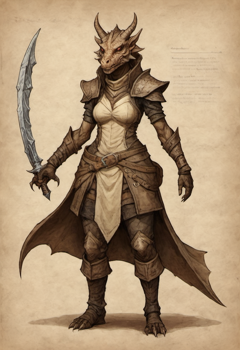 on parchment female dragonborn character design Dungeons and Dragons inspired fantasy theme standing