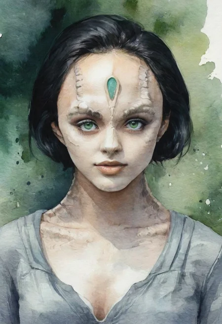 detailed watercolor portrait of (a female c4rd45514n alien, forehead crest, grey skin, ridges, scales), portrait, upper body, close up, cute woman, beautiful, 20 years old, green eyes, (black bold eyeliner, makeup:1.3), soft smile, shoulder length black hair, cleavage, perfect face, perfect eyes, beautiful eyes, petite body perfect cute face, standing, cleavage, seductive look, close up, dynamic angle