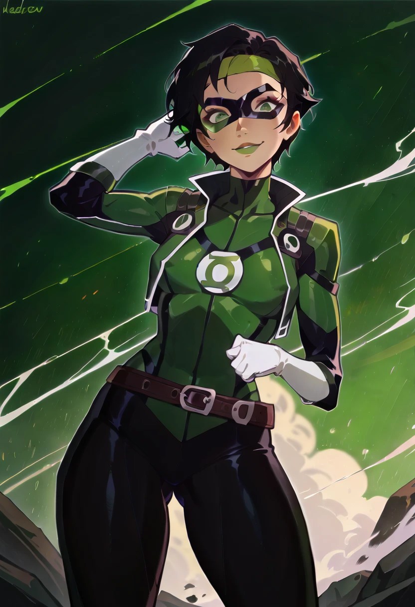 score_9, score_8_up, score_7_up, score_6_up, jadexl. 1girl, dutch angle, GreenLaternCOS, superhero,
BREAK short black hair, green headband, light smile,
cropped jacket, belt,
BREAK green ring, gloves, skin tight, bodysuit, mask, black and green bodysuit,domino mask, [covered nipples],