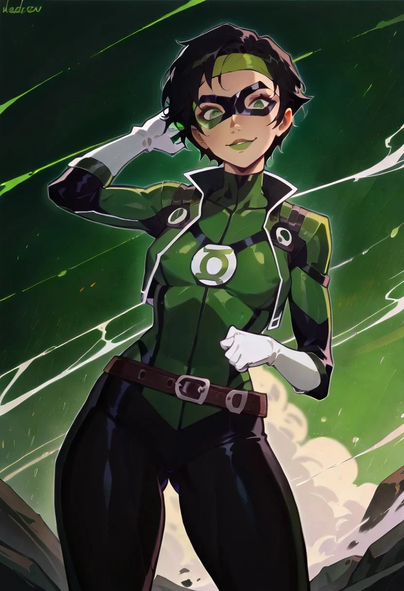 score_9, score_8_up, score_7_up, score_6_up, jadexl. 1girl, dutch angle, GreenLaternCOS, superhero,
BREAK short black hair, green headband, light smile,
cropped jacket, belt,
BREAK green ring, gloves, skin tight, bodysuit, mask, black and green bodysuit,domino mask, [covered nipples],