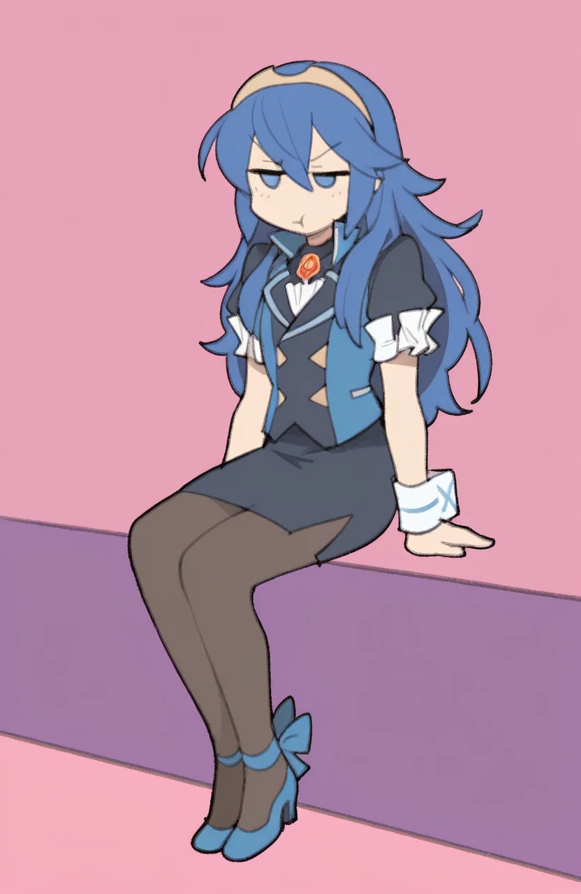 1girl, solo, <lora:TemmieChang:1> tmchng, sitting, hair ruffled, bored eyes, slight pout, annoyed expression,
lucina \(fire emblem\), blue eyes, blue hair, long hair, lounge hostess uniform, short jacket, pencil skirt, pantyhose, kitten heels, brooch, chibi, extremely detailed, highres, masterpiece, best quality