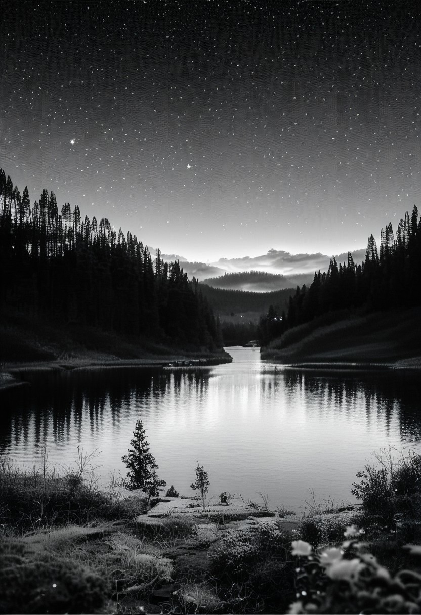 (real life,  score_7_up, score_8_up, score_9_up, detailed beautiful landscape, bloom, volumetric lighting,  grayscale, no colors, forest, winter, valley, big mountain, clear sky, stars, focus on sky, night, silhouette, river, depth of field,