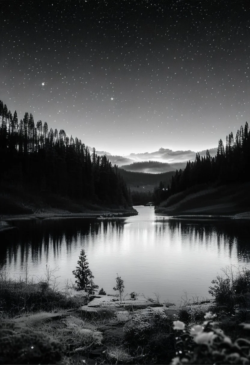 (real life,  score_7_up, score_8_up, score_9_up, detailed beautiful landscape, bloom, volumetric lighting,  grayscale, no colors, forest, winter, valley, big mountain, clear sky, stars, focus on sky, night, silhouette, river, depth of field,