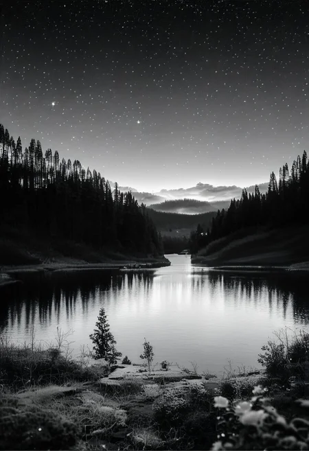 (real life, score_7_up, score_8_up, score_9_up, detailed beautiful landscape, bloom, volumetric lighting, grayscale, no colors, forest, winter, valley, big mountain, clear sky, stars, focus on sky, night, silhouette, river, depth of field,