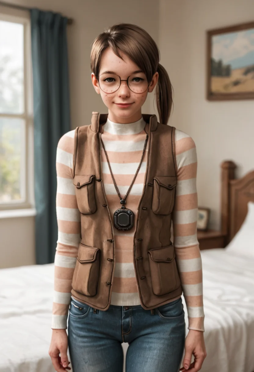 score_9, score_8_up, score_7_up, Penny Nichols, 1girl, solo, brown hair, ponytail, freckles, glasses, striped turtelneck, long sleeves, messy bedroom, digital stopwatch necklace, depth of field, small breasts, highly detailed, film grain, Rim Lighting, detailed hair,american shot,window,standing,utility vest, jeans, smile, looking at viewer, <lora:Penny_Nichols-000004:1>