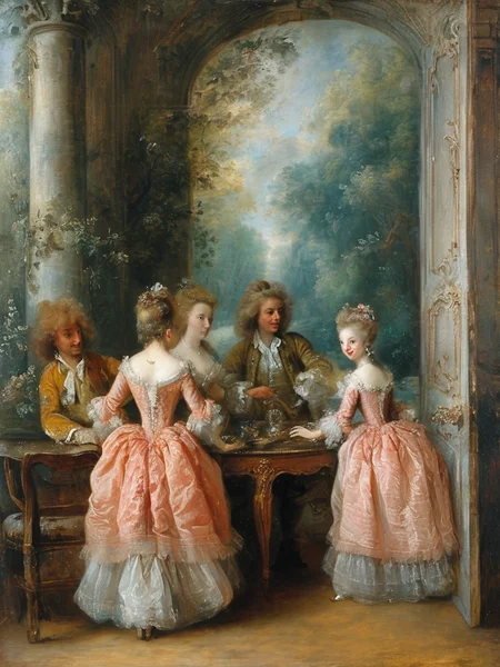 masterpiece,best quality,<lora:tbh124-sdxl:0.7>,indoors,palace,rococo,oil painting,style of Jean-Antoine Watteau,
