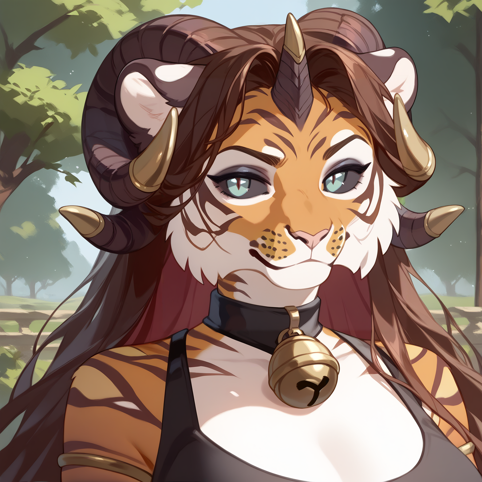 score_9,score_8_up,score_7_up,score_6_up,score_5_up,score_4_up, source_furry,  rating_safe, detailed background, park, scenery porn, anthro demon tiger hervy,  solo, crop top,  countershading,  gorgeous long hair,  detailed fluffy fur covered body,  gorgeous eyes, black sclera, looking at viewer, smug,  (curvy figure),  bust_portrait,  pudgy, large breasts, detailed face, detailed hand, tail, black eyeshadow, wavy white hair with black tips, fluffy hair,  jewelry, body jewelry, round bell collar,
 <lora:hervy_PDXL_v1.5:1> <lora:add-detail-xl:1>  <lora:naip:1>