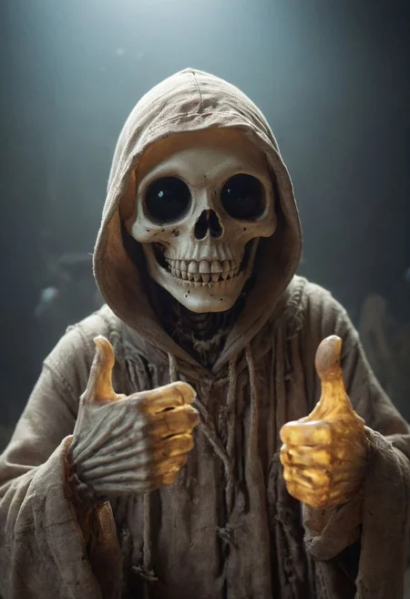 Closeup, thumb-up, Envision a whimsical fantasy world where a derpy and cute hooded skeleton takes center stage. Picture the undead with a mischievous charm, its translucent eyes reflecting a vibrant translucent amber glow. Thumb Up Pose, 
very detailed, hd, RAW photograph, masterpiece, top quality, best quality, official art,highest detailed, atmospheric lighting, cinematic composition,