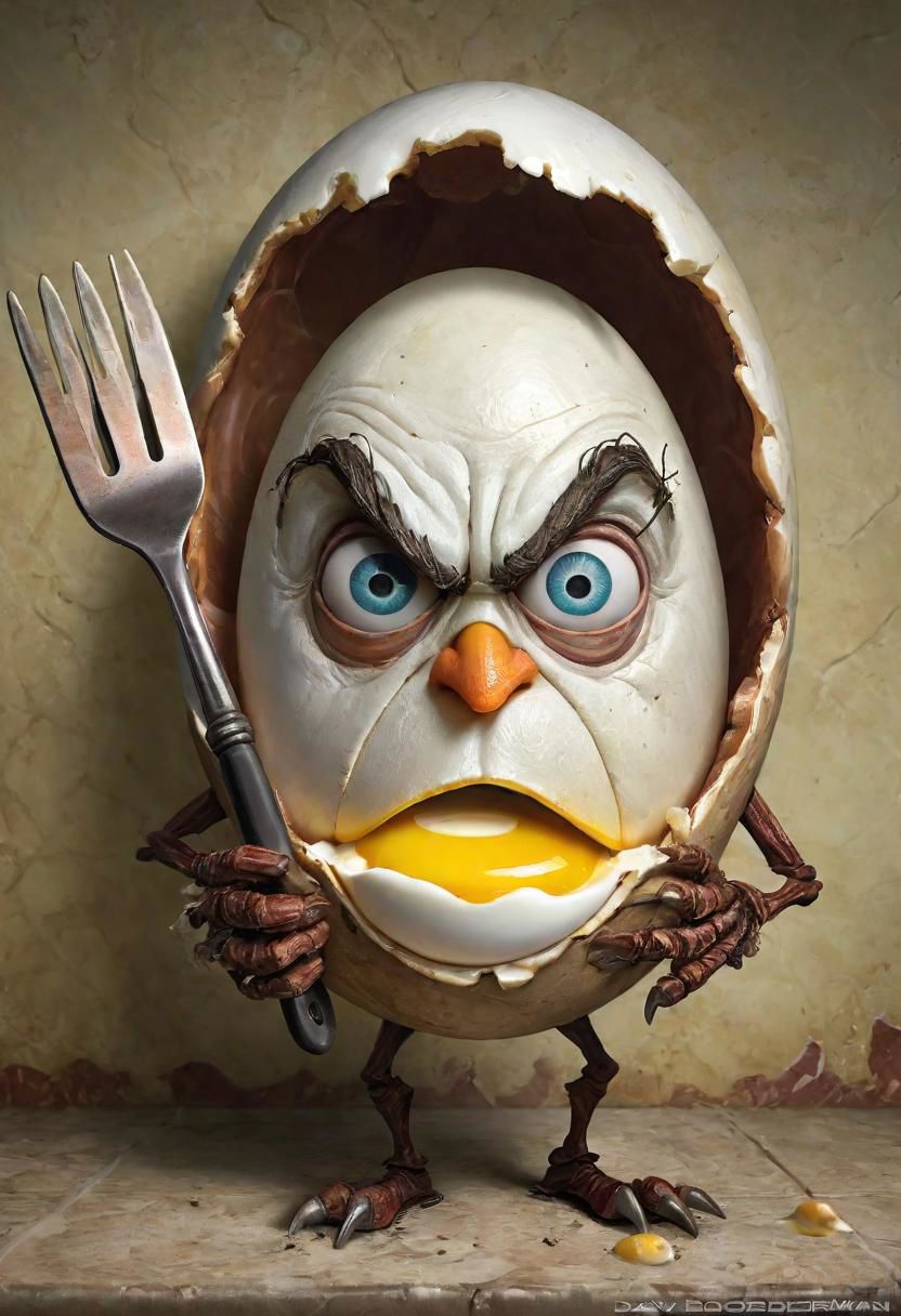 Rough hand caricature {hard boiled egg looks like a human head, in shell, white and yolk separated, spatula stuck in}, absurdly grotesque features with a humorous touch, textured dining room wall detailed background, by (Dave Dorman and Saturno Butto:1.36), trending on artstation, best quality, 4k textures, ultra detailing