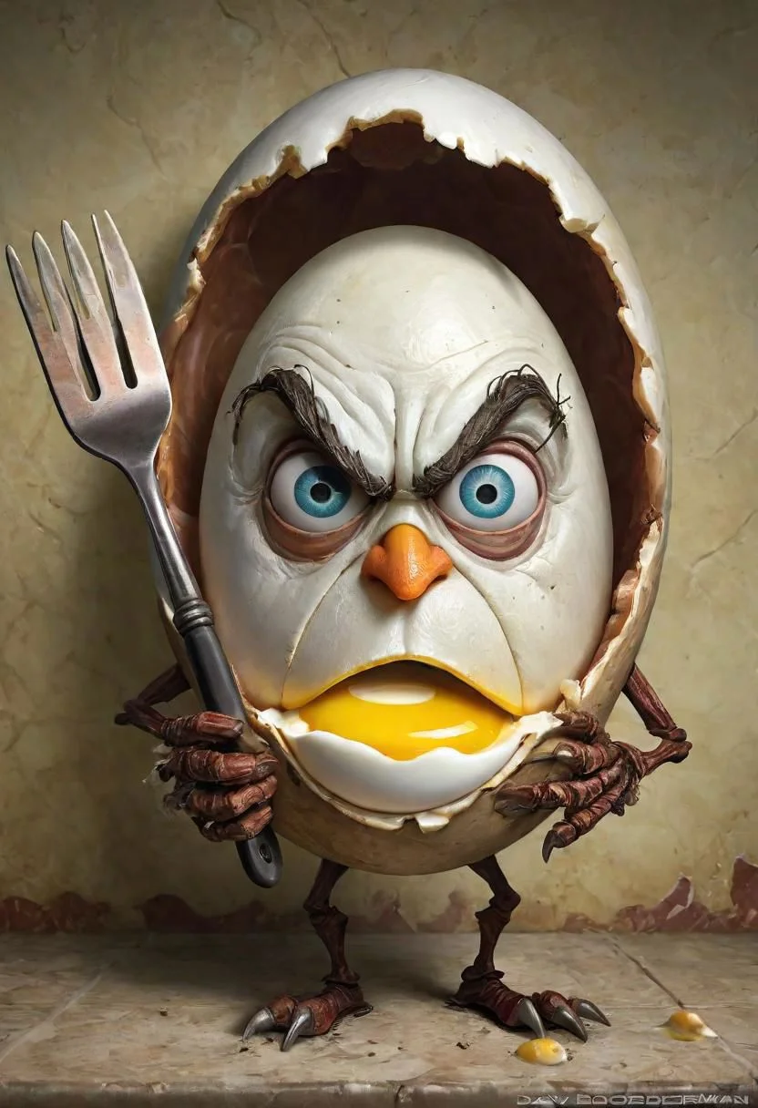 Rough hand caricature {hard boiled egg looks like a human head, in shell, white and yolk separated, spatula stuck in}, absurdly grotesque features with a humorous touch, textured dining room wall detailed background, by (Dave Dorman and Saturno Butto:1.36), trending on artstation, best quality, 4k textures, ultra detailing