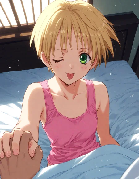 score_9, score_8_up, score_7_up, masterpiece, best quality, absurdres, official art, official style, (anime coloring, anime screencap, megami magazine, flat color:1.3), zPDXL2, zPDXLxxx,
<lora:Nanase_Aoi_Style_Pony_v1:1.0>, 1girl, solo focus, Nanase_Aoi_Style
bedroom, on bed, bed sheet, dim lighting, light particles, (from above:1.3), looking at viewer, dutch angle,
, blonde hair, very short hair, bed, short hair, one eye closed, bedroom, ;p, tongue out, pink tank top, indoors, pov hands, arm support, green eyes, tank top, tongue, under covers, pov, sitting