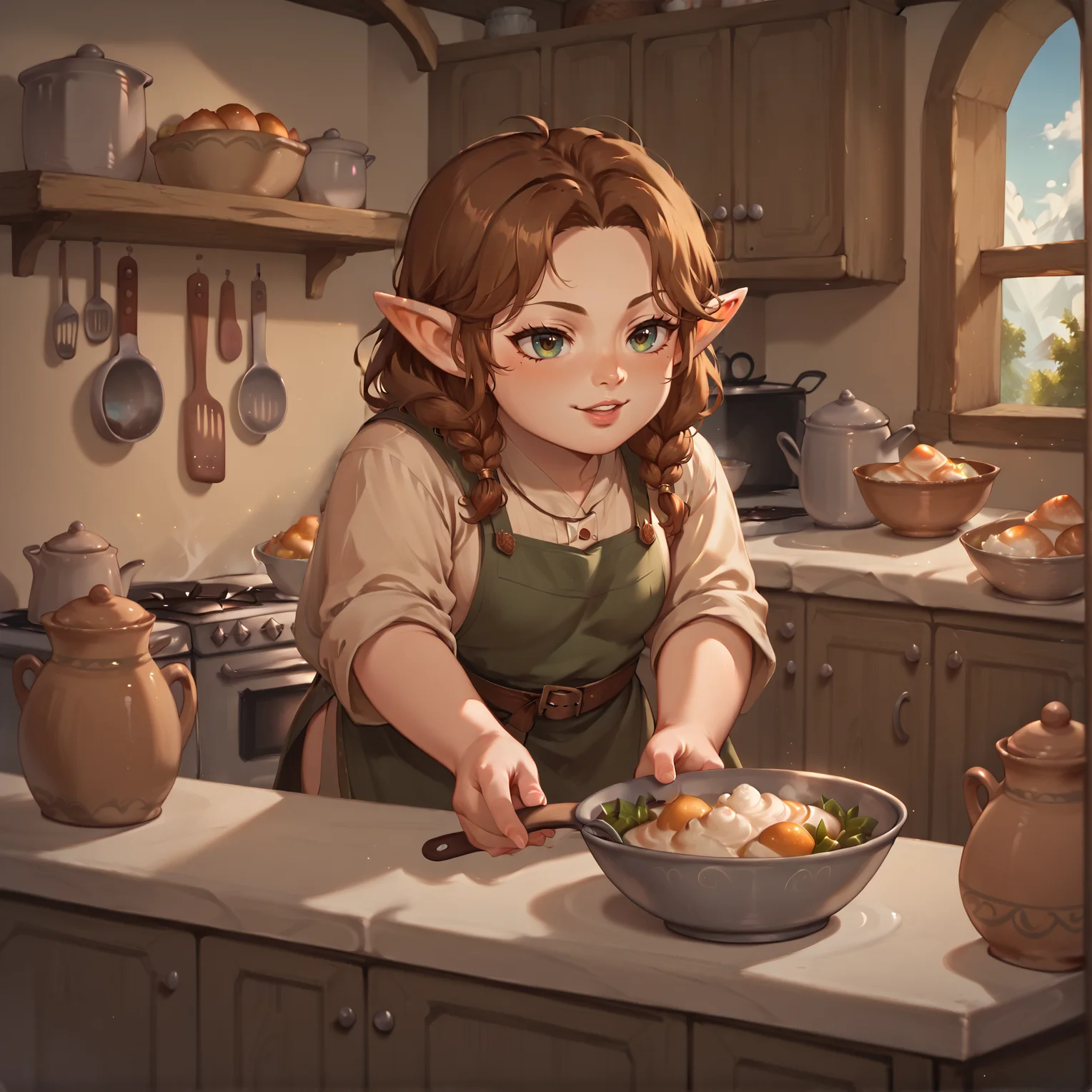 1girl, brown hair, holding bowl, pointy ears, kitchen, <lora:Halflings_Pony_XL:1>, halflings, hobbits, BREAK score_9, score_8_up, score_7_up, best quality, masterpiece, 4k, prefect lighting, very aesthetic, anime, zPDXL2, <lora:IriaStylePony:0.8>, IRIaStyle, chibi