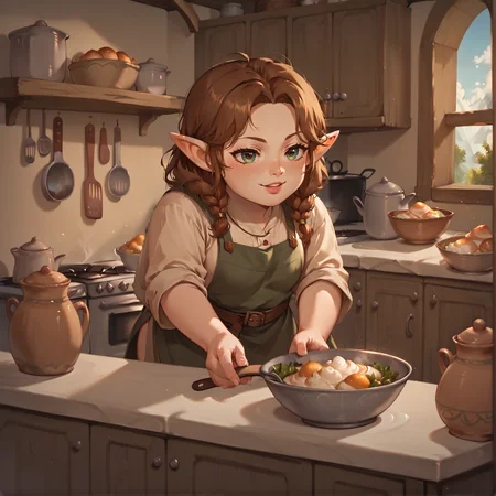 1girl, brown hair, holding bowl, pointy ears, kitchen, <lora:Halflings_Pony_XL:1>, halflings, hobbits, BREAK score_9, score_8_up, score_7_up, best quality, masterpiece, 4k, prefect lighting, very aesthetic, anime, zPDXL2, <lora:IriaStylePony:0.8>, IRIaStyle, chibi