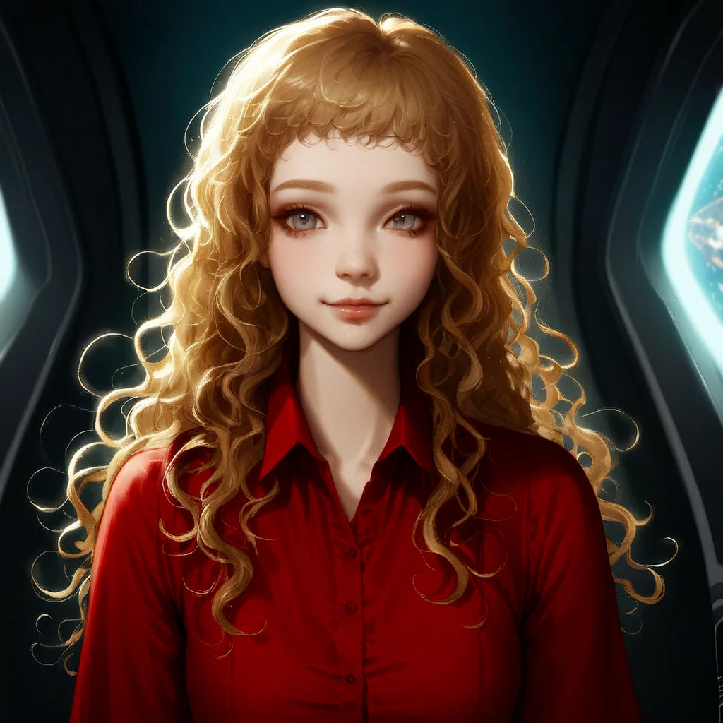masterpiece, best quality, very aesthetic, kukrushka, 1girl, blonde hair, long hair, grey eyes, solo, lips, wavy hair, red dress, young, (realistic:0.2), spaceship interior, light smile